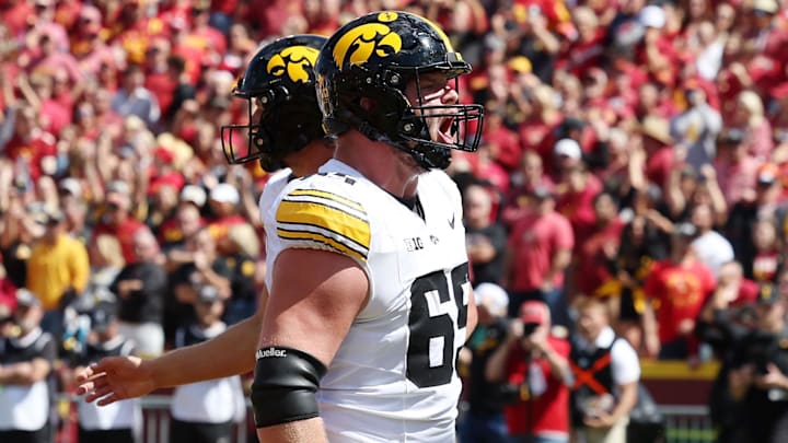 Sep 6, 2025; Ames, Iowa, USA; Iowa Hawkeyes offensive lineman Logan Jones (65) reacts after a play against the Iowa State Cyclones during the second half at Jack Trice Stadium. Mandatory Credit: Reese Strickland-Imagn Images Sep 6, 2025; Ames, Iowa, USA; Iowa Hawkeyes offensive lineman Logan Jones (65) reacts after a play against the Iowa State Cyclones during the second half at Jack Trice Stadium. Mandatory Credit: Reese Strickland-Imagn Images