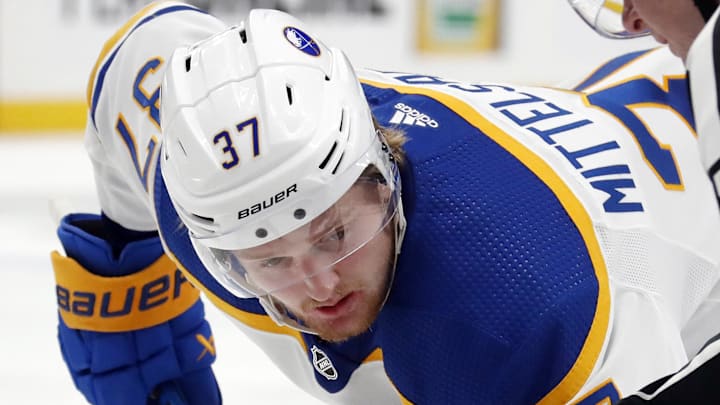 Jan 6, 2024; Pittsburgh, Pennsylvania, USA;  Buffalo Sabres center Casey Mittelstadt (37) waits for