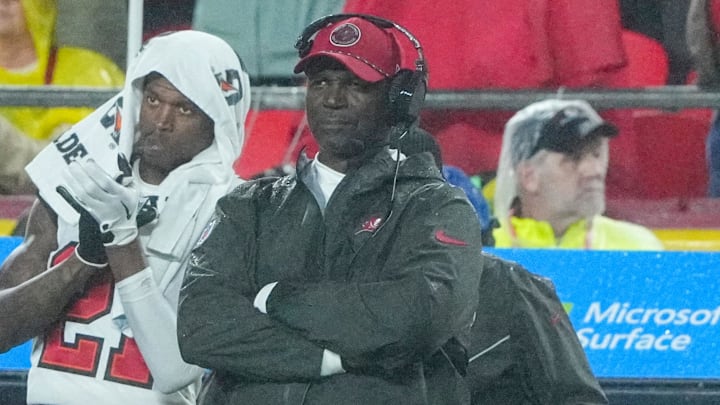 Nov 4, 2024; Kansas City, Missouri, USA; Tampa Bay Buccaneers head coach Todd Bowles watches play against the Kansas City Chiefs during the second half at GEHA Field at Arrowhead Stadium. Mandatory Credit: Denny Medley-Imagn Images
