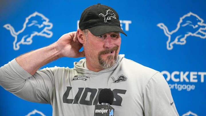 Detroit Lions head coach Dan Campbell speaks to members of the media at the Detroit Lions practice facility in Allen Park on Monday, Jan. 20, 2025, following his team’s NFC divisional playoff loss.