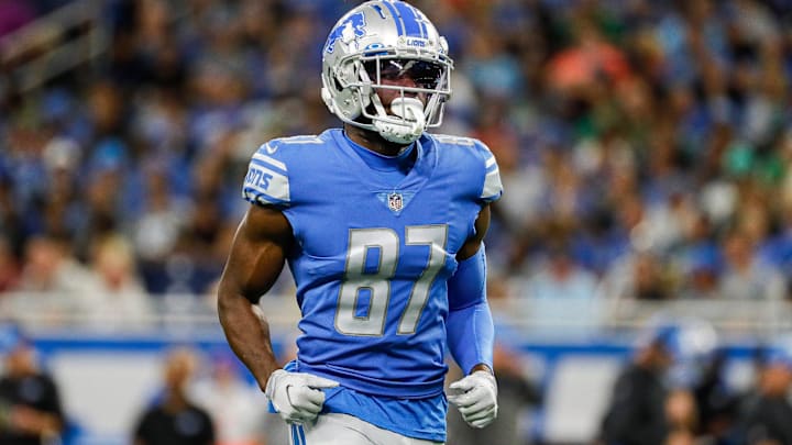 Sep 11, 2022; Detroit, Michigan, USA; Detroit Lions wide receiver Quintez Cephus (87) get in position for a kickoff against Philadelphia Eagles during the first half at Ford Field.

Nfl Philadelphia Eagles At Detroit Lions