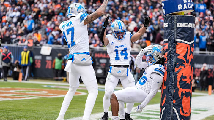 Detroit Lions running back Jahmyr Gibbs (26), wide receiver Amon-Ra St. Brown (14) and wide receiver Tim Patrick (17). Detroit Lions running back Jahmyr Gibbs (26), wide receiver Amon-Ra St. Brown (14) and wide receiver Tim Patrick (17).