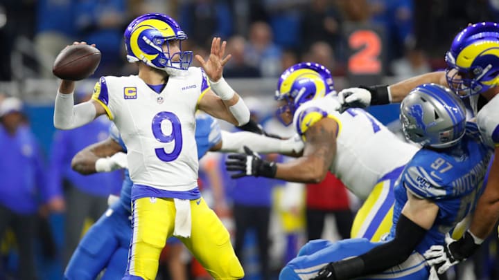 L.A. Rams quarterback Matthew Stafford looks to throw the ball in the first half against the Detroit Lions at Ford Field in Detroit on Sunday, Jan. 14, 2024.