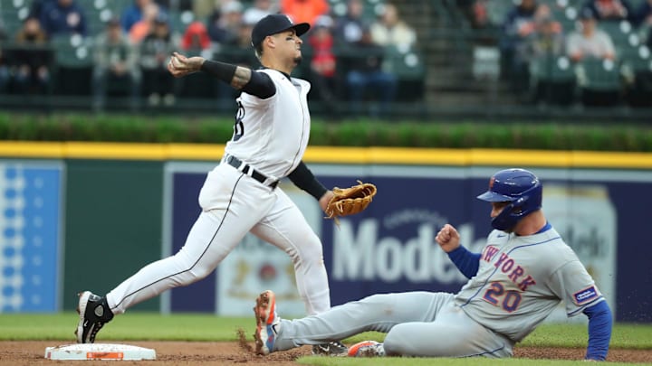 Detroit Tigers shortstop Javier Baez (28) forces out New York Mets first baseman Pete Alonso (20) during second-inning action in Game 2 of a doubleheader at Comerica Park in Detroit on Wednesday, May 3, 2023.
Tigersmets2 050323 Kd755 Detroit Tigers shortstop Javier Baez (28) forces out New York Mets first baseman Pete Alonso (20) during second-inning action in Game 2 of a doubleheader at Comerica Park in Detroit on Wednesday, May 3, 2023.
Tigersmets2 050323 Kd755