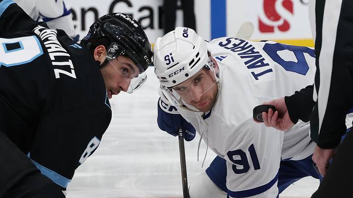 Jan 13, 2026; Salt Lake City, Utah, USA; Utah Mammoth center Nick Schmaltz (8) and Toronto Maple Leafs center John Tavares (91) wait for a faceoff during the third period at Delta Center. Mandatory Credit: Rob Gray-Imagn Images Jan 13, 2026; Salt Lake City, Utah, USA; Utah Mammoth center Nick Schmaltz (8) and Toronto Maple Leafs center John Tavares (91) wait for a faceoff during the third period at Delta Center. Mandatory Credit: Rob Gray-Imagn Images
