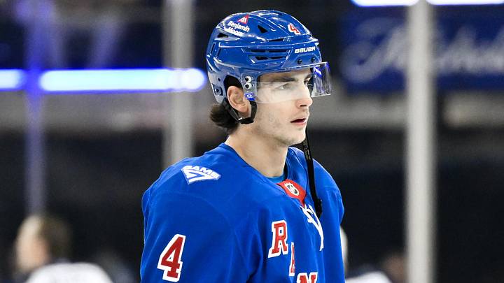 Mar 22, 2026; New York, New York, USA; New York Rangers defenseman Braden Schneider (4) warms up before a game against the Winnipeg Jets at Madison Square Garden. Mandatory Credit: John Jones-Imagn Images