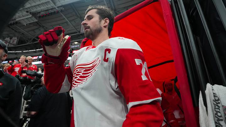 Dec 27, 2025; Raleigh, North Carolina, USA;  Detroit Red Wings center Dylan Larkin (71) comes out of the locker room for the warmups before the game against the Carolina Hurricanes at Lenovo Center. Mandatory Credit: James Guillory-Imagn Images