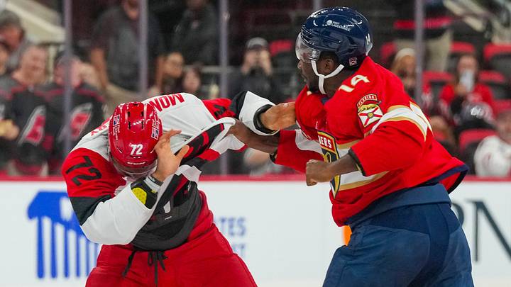Sep 22, 2026; Raleigh, North Carolina, USA; Carolina Hurricanes defensemen Bryce Montgomery (72) fights Florida Panthers forward Bokandj Imama (14) during the first period at Lenovo Center. Mandatory Credit: James Guillory-Imagn Images Sep 22, 2026; Raleigh, North Carolina, USA; Carolina Hurricanes defensemen Bryce Montgomery (72) fights Florida Panthers forward Bokandj Imama (14) during the first period at Lenovo Center. Mandatory Credit: James Guillory-Imagn Images