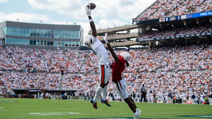 Auburn Tigers wide receiver Cam Coleman (8) drops a touchdown pass as Auburn Tigers take on South Alabama Jaguars at Jordan-Hare Stadium in Auburn, Ala. on Saturday, Sept. 13, 2025. Auburn Tigers lead South Alabama Jaguars 28-9 at halftime.