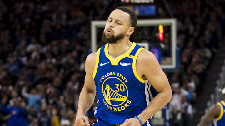 Mar 10, 2025; San Francisco, California, USA; Golden State Warriors guard Stephen Curry (30) reacts after hitting a three-point shot against the Portland Trail Blazers during the third quarter at Chase Center. Mandatory Credit: John Hefti-Imagn Images