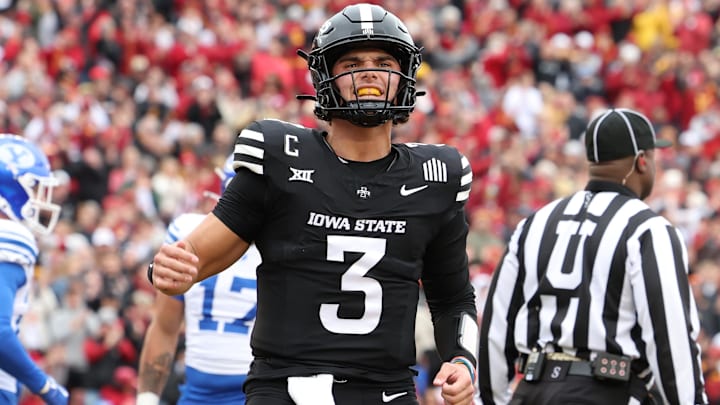 Iowa State Cyclones quarterback Rocco Becht (3) celebrates after a touchdown against the BYU Cougars at Jack Trice Stadium. 