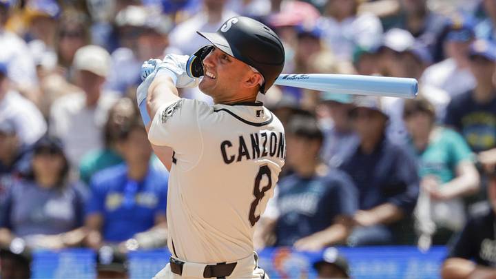 Jun 21, 2026; Seattle, Washington, USA; Seattle Mariners right fielder Dominic Canzone (8) hits a solo-home run against the Boston Red Sox during the second inning at T-Mobile Park. Mandatory Credit: Joe Nicholson-Imagn Images Jun 21, 2026; Seattle, Washington, USA; Seattle Mariners right fielder Dominic Canzone (8) hits a solo-home run against the Boston Red Sox during the second inning at T-Mobile Park. Mandatory Credit: Joe Nicholson-Imagn Images