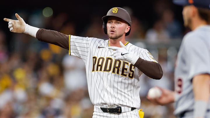 Mar 27, 2026; San Diego, California, USA; San Diego Padres center fielder Jackson Merrill (3) celebrates after hitting a double during the second inning against the Detroit Tigers at Petco Park. Mandatory Credit: David Frerker-Imagn Images