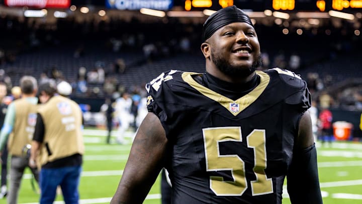 Sep 8, 2024; New Orleans, Louisiana, USA;  New Orleans Saints center Cesar Ruiz (51) heads to the locker room after the game against the Carolina Panthers at Caesars Superdome. Mandatory Credit: Stephen Lew-Imagn Images