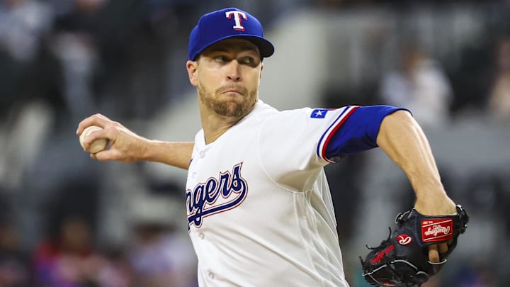 Apr 11, 2023; Arlington, Texas, USA;  Texas Rangers starting pitcher Jacob deGrom (48) throws during the fourth inning against the Kansas City Royals at Globe Life Field.