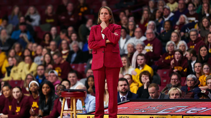 Jan 3, 2024; Minneapolis, Minnesota, USA; Minnesota Golden Gophers head coach Dawn Plitzuweit looks on during the first half against the Maryland Terrapins at Williams Arena. Mandatory Credit: Matt Krohn-Imagn Images Jan 3, 2024; Minneapolis, Minnesota, USA; Minnesota Golden Gophers head coach Dawn Plitzuweit looks on during the first half against the Maryland Terrapins at Williams Arena. Mandatory Credit: Matt Krohn-Imagn Images
