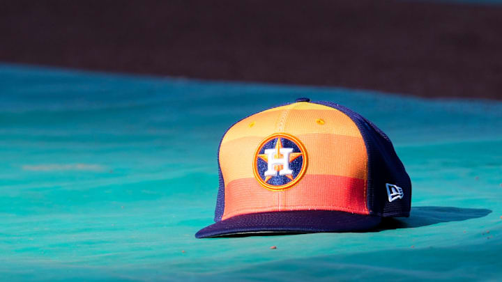 Apr 9, 2024; Kansas City, Missouri, USA; A general view of Houston Astros second base Jose Altuve (27) hat on the field during batting practice prior to a game against the Kansas City Royals at Kauffman Stadium. Mandatory Credit: Denny Medley-Imagn Images Apr 9, 2024; Kansas City, Missouri, USA; A general view of Houston Astros second base Jose Altuve (27) hat on the field during batting practice prior to a game against the Kansas City Royals at Kauffman Stadium. Mandatory Credit: Denny Medley-Imagn Images