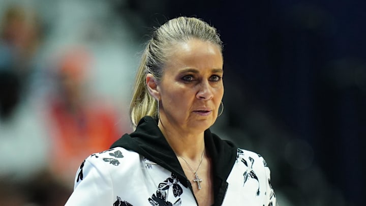 Jul 6, 2025; Uncasville, Connecticut, USA; Las Vegas Aces head coach Becky Hammon watches from the sideline as they take on the Connecticut Sun at Mohegan Sun Arena. Mandatory Credit: David Butler II-Imagn Images