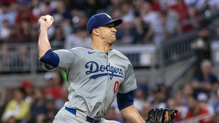 Sep 14, 2024; Cumberland, Georgia, USA; Los Angeles Dodgers pitcher Jack Flaherty (0) pitches the ball against the Atlanta Braves during the first inning at Truist Park. Mandatory Credit: Jordan Godfree-Imagn Images