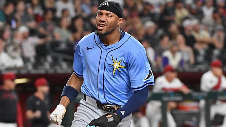 Tampa Bay's Chandler Simpson (14) celebrates after scoring in the ninth inning against the Arizona Diamondbacks.