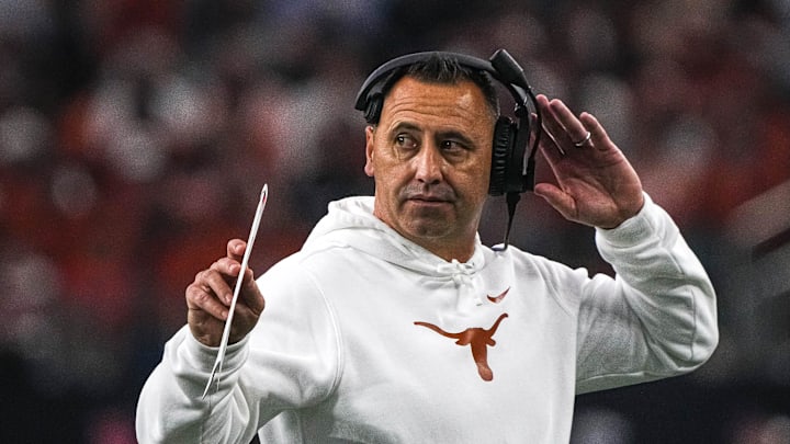 Texas Longhorns head coach Steve Sarkisian walks the sideline during the Big 12 Championship game against the Oklahoma State Cowboys at AT&T stadium on Saturday, Dec. 2, 2023 in Arlington.