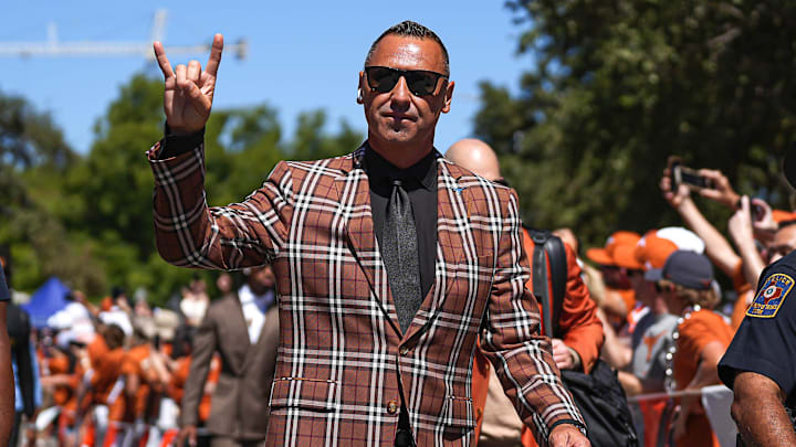 Texas Longhorns head coach Steve Sarkisian arrives at the stadium ahead of the game against Mississippi State at Darrell K Royal-Texas Memorial Stadium in Austin Saturday, Sept. 28, 2024.