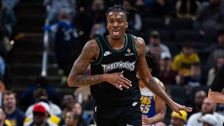Apr 7, 2026; Indianapolis, Indiana, USA; Minnesota Timberwolves guard Bones Hyland (8) celebrates after a basket in the second half against the Indiana Pacers at Gainbridge Fieldhouse. Mandatory Credit: Trevor Ruszkowski-Imagn Images