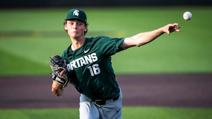 Michigan State's Joseph Dzierwa delivers a pitch during a NCAA Big Ten Conference baseball game against Iowa, Friday, May 12, 2023, at Duane Banks Field in Iowa City, Iowa.