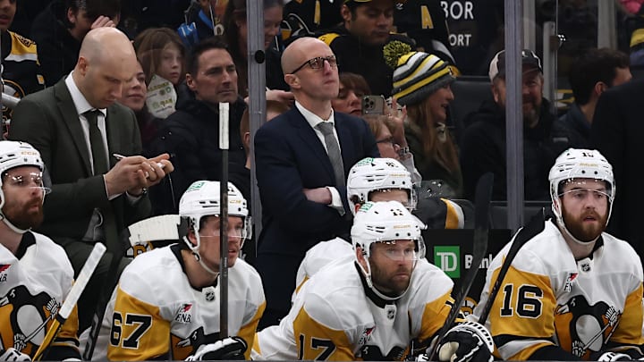 Mar 3, 2026; Boston, Massachusetts, USA; Pittsburgh Penguins head coach Dan Muse looks on during the third period of the game against the Boston Bruins at TD Garden. Mandatory Credit: Winslow Townson-Imagn Images