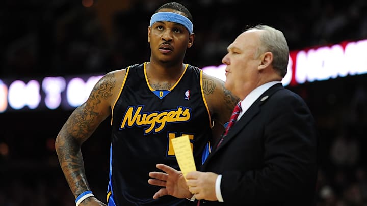 Feb. 18, 2010; Cleveland, OH, USA; Denver Nuggets forward Carmelo Anthony (15) talks with coach