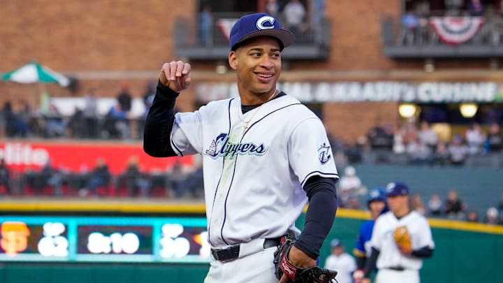 Columbus Clippers infielder Juan Brito (24) laughs during the game against the St. Paul Saints at Huntington Park on Tuesday, April 1, 2025 in Columbus, Ohio.