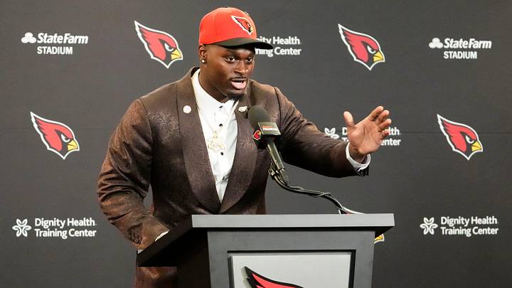 The Arizona Cardinals introduce their first-round draft pick running back Jeremiyah Love during a news conference at the Cardinals Dignity Health training facility The Arizona Cardinals introduce their first-round draft pick running back Jeremiyah Love during a news conference at the Cardinals Dignity Health training facility