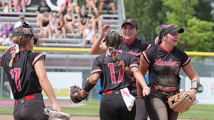 Williamsburg's shortstop Carly Rich (3) celebrates after a double play against Wahlert Catholic during the first inning in the 3A state softball championship game at Roger Sports Complex on July 25, 2025, in Fort Dodge, Iowa.