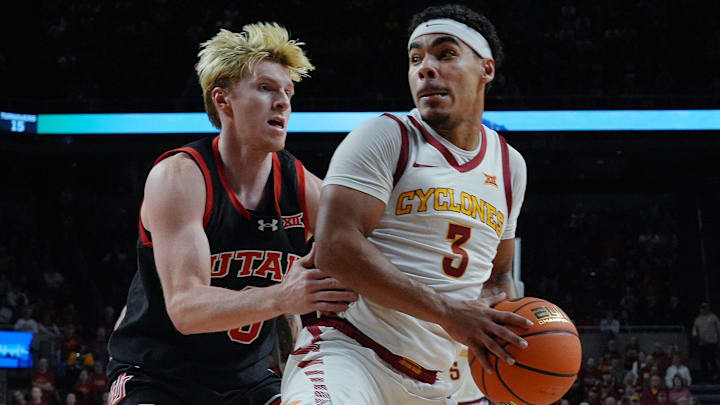 Iowa State Cyclones guard Tamin Lipsey (3) looks drive with the ball Utah Utes guard Hunter Erickson(0) during the second half in the Big-12 men’s basketball at Hilton Coliseum on Jan. 7, 2025 in Ames, Iowa.