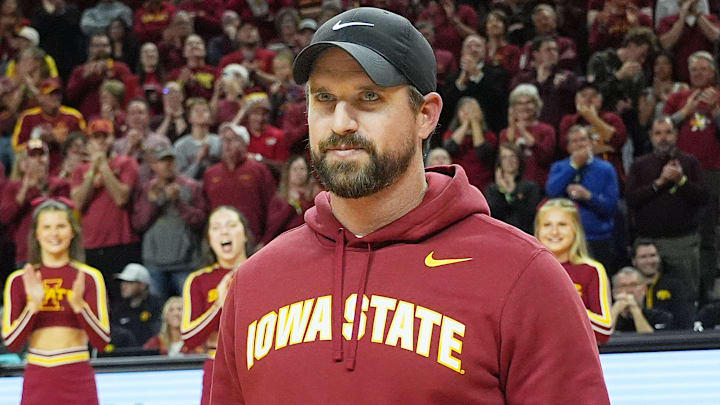 Iowa State football coach Jimmy Rogers speaks during a timeout in the first half in the Iowa State and Iowa men’s basketball Cy-Hawk series at Hilton coliseum on Dec. 11, 2025, in Ames, Iowa.