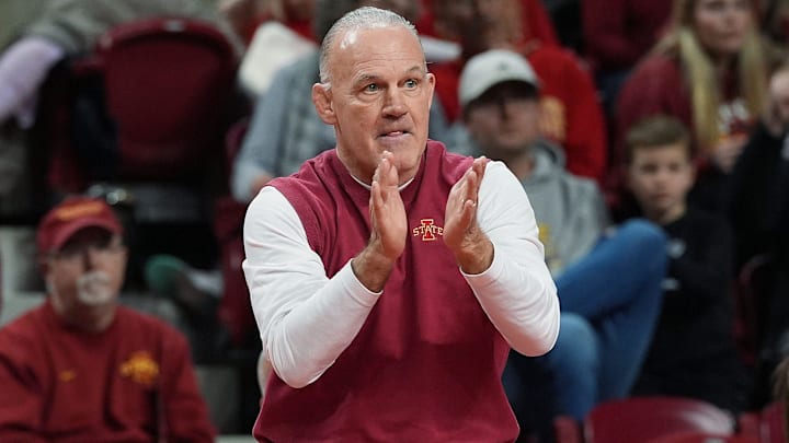 Iowa State Wrestling coach Kevin Dresser reacts during Iowa State and Oklahoma State wrestling at Hilton Coliseum on Sunday, Jan. 26, 2025, in Ames, Iowa.