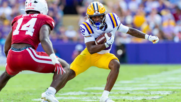 Runningback Harlem Berry 22, LSU Tigers take on the Arkansas Razorbacks. November 15, 2025; Baton Rouge, Louisiana, USA; at Tiger Stadium. Runningback Harlem Berry 22, LSU Tigers take on the Arkansas Razorbacks. November 15, 2025; Baton Rouge, Louisiana, USA; at Tiger Stadium.