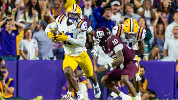 LSU safety AJ Haulcy (13) intercepts Marcel Reed as the LSU Tigers take on the Texas A&M Aggies. LSU safety AJ Haulcy (13) intercepts Marcel Reed as the LSU Tigers take on the Texas A&M Aggies.