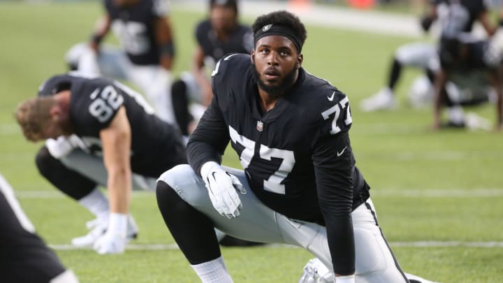 Las Vegas' Thayer Munford prepares for the Pro Football Hall of Fame Game against Jacksonville at Tom Benson Hall of Fame Stadium in Canton on Thursday, August 4, 2022.

Raiders Vs Jags 8188