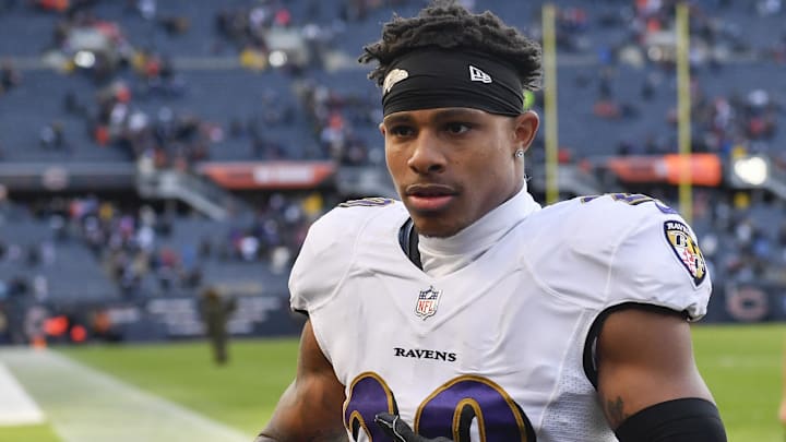 Nov 21, 2021; Chicago, Illinois, USA; Baltimore Ravens safety Ar'Darius Washington (29) leaves the field after the game against the Chicago Bears at Soldier Field. Mandatory Credit: Quinn Harris-Imagn Images