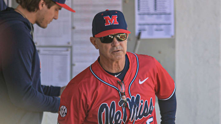 Ole Miss head coach Mike Bianco (5) talks in the dugout during the game against Mississippi State in Oxford, Miss. on Saturday, March 28, 2026.