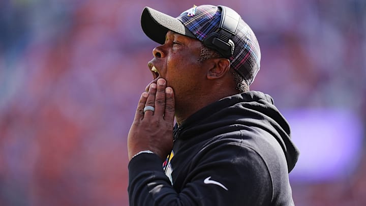 Oct 13, 2024; Denver, Colorado, USA; Denver Broncos defensive coordinator Vance Joseph calls out in the first quarter against the Los Angeles Chargers at Empower Field at Mile High. 