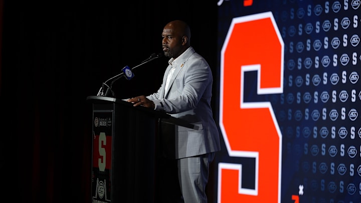 Jul 23, 2025; Charlotte, NC, USA; Syracuse Head Coach Fran Brown answers questions from the media during ACC Media days at Hilton Charlotte Uptown. Mandatory Credit: Jim Dedmon-Imagn Images Jul 23, 2025; Charlotte, NC, USA; Syracuse Head Coach Fran Brown answers questions from the media during ACC Media days at Hilton Charlotte Uptown. Mandatory Credit: Jim Dedmon-Imagn Images