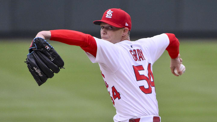 Mar 27, 2025; St. Louis, Missouri, USA;  St. Louis Cardinals starting pitcher Sonny Gray (54) pitches against the Minnesota Twins during the fourth inning at Busch Stadium. Mandatory Credit: Jeff Curry-Imagn Images
