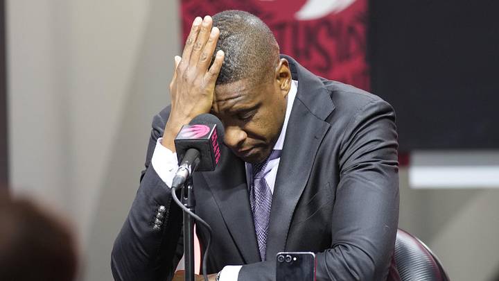 Sep 30, 2024; Toronto, Ontario, Canada; Toronto Raptors Vice-Chairman and Team President Masai Ujiri reacts while talking to the media about the passing of Dikembe Mutombo (not pictured) during media day at Scotiabank Area. Mandatory Credit: John E. Sokolowski-Imagn Images Sep 30, 2024; Toronto, Ontario, Canada; Toronto Raptors Vice-Chairman and Team President Masai Ujiri reacts while talking to the media about the passing of Dikembe Mutombo (not pictured) during media day at Scotiabank Area. Mandatory Credit: John E. Sokolowski-Imagn Images