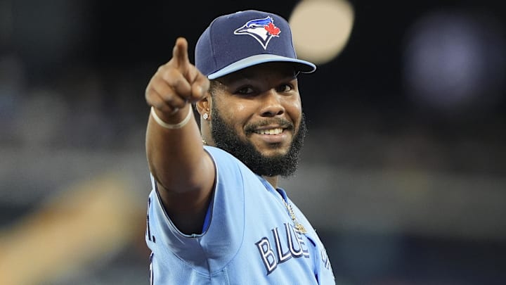 Apr 29, 2026; Toronto, Ontario, CAN; Toronto Blue Jays first baseman Vladimir Guerrero Jr. (27) gestures to a fan before the start pf the second inning against the Boston Red Sox at Rogers Centre. Apr 29, 2026; Toronto, Ontario, CAN; Toronto Blue Jays first baseman Vladimir Guerrero Jr. (27) gestures to a fan before the start pf the second inning against the Boston Red Sox at Rogers Centre.