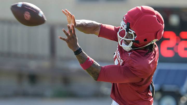 Oklahoma receiver Trell Harris hauls in a pass at one of the Sooners' fall practices. Oklahoma receiver Trell Harris hauls in a pass at one of the Sooners' fall practices.