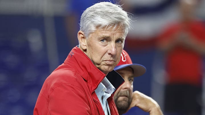 Apr 15, 2022; Miami, Florida, USA; Philadelphia Phillies President of Baseball Operations Dave Dombrowski watches batting practice before the game against the Miami Marlins at loanDepot Park