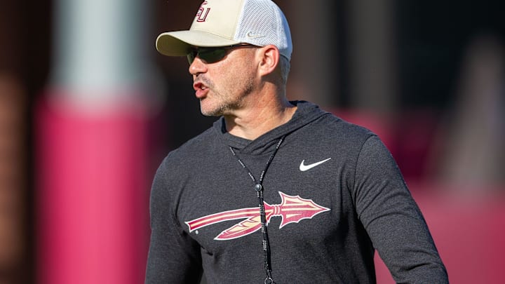 Florida State head coach Mike Norvell leads practice Thursday, April 9, 2026.