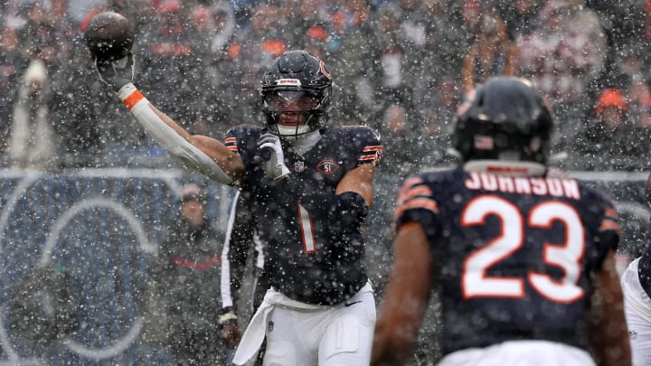 Dec 31, 2023; Chicago, Illinois, USA; Chicago Bears quarterback Justin Fields (1) drops back to pass against the Atlanta Falcons during the first half at Soldier Field. Mandatory Credit: Mike Dinovo-USA TODAY Sports